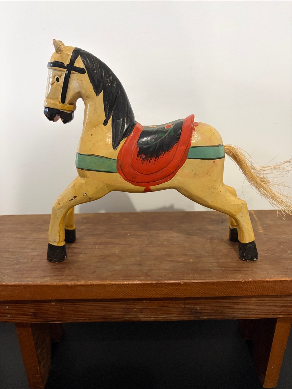 ❤️VINTAGE❤️8” Tall Hand-Painted Yellow Wood Carousel Horse with Red Saddle